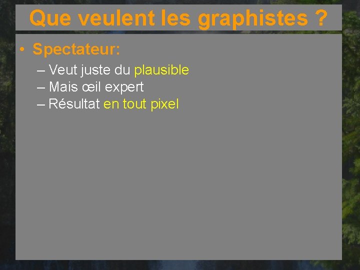 Que veulent les graphistes ? • Spectateur: – Veut juste du plausible – Mais