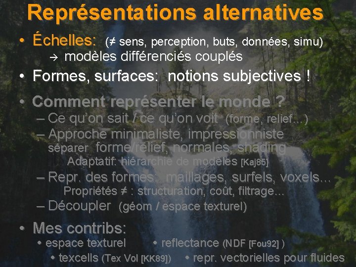 Représentations alternatives • Échelles: (≠ sens, perception, buts, données, simu) modèles différenciés couplés •