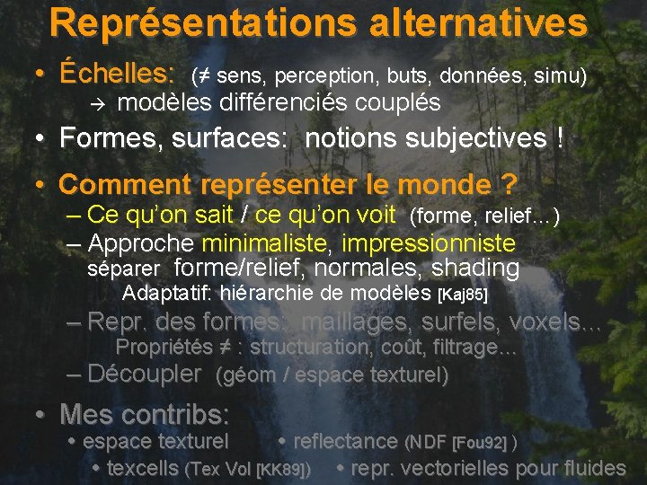 Représentations alternatives • Échelles: (≠ sens, perception, buts, données, simu) modèles différenciés couplés •