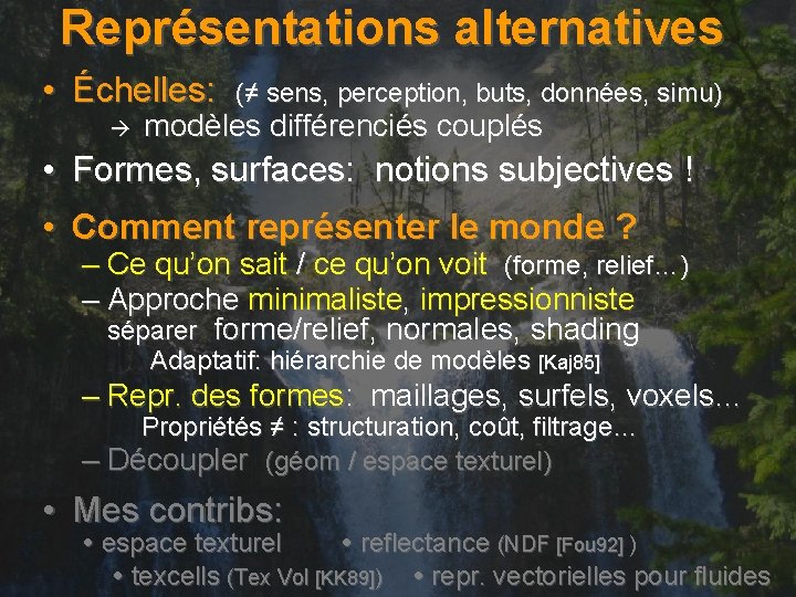 Représentations alternatives • Échelles: (≠ sens, perception, buts, données, simu) modèles différenciés couplés •