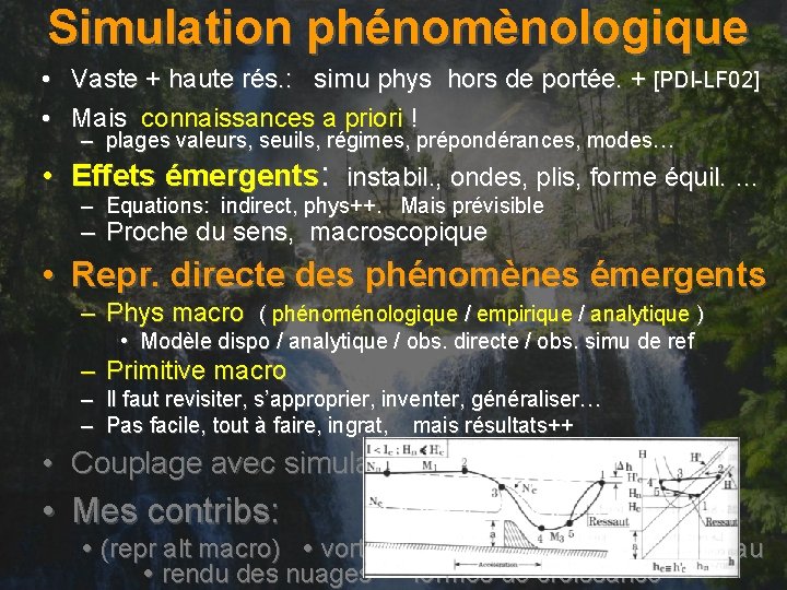 Simulation phénomènologique • Vaste + haute rés. : simu phys hors de portée. +