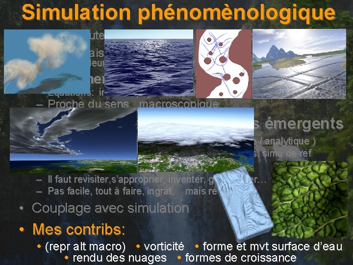 Simulation phénomènologique • Vaste + haute rés. : simu phys hors de portée •