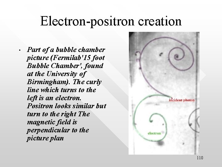 Electron-positron creation • Part of a bubble chamber picture (Fermilab'15 foot Bubble Chamber', found