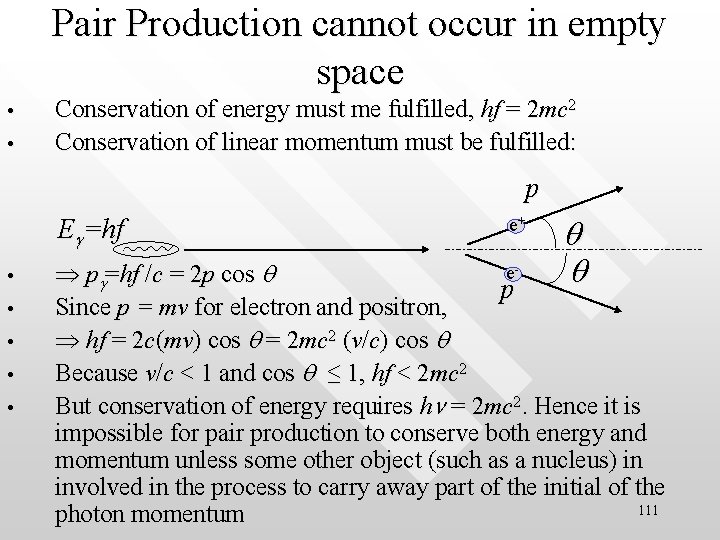 Pair Production cannot occur in empty space • • Conservation of energy must me
