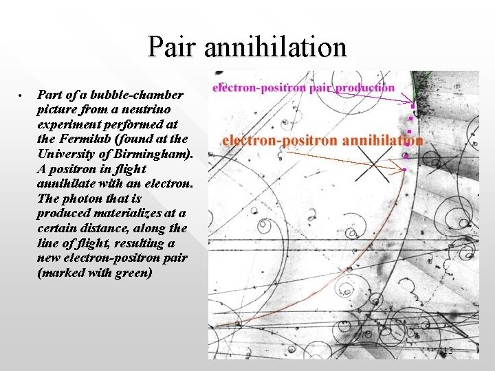 Pair annihilation • Part of a bubble-chamber picture from a neutrino experiment performed at