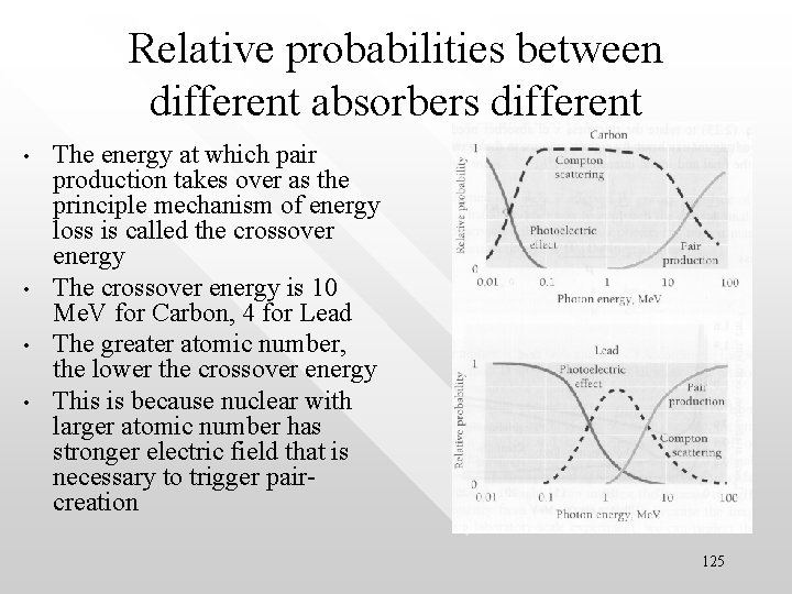 Relative probabilities between different absorbers different • • The energy at which pair production