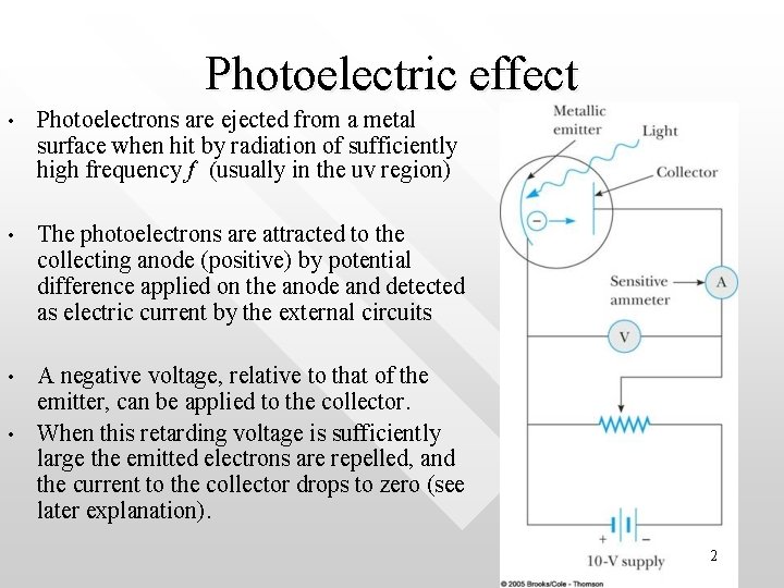 Photoelectric effect • Photoelectrons are ejected from a metal surface when hit by radiation