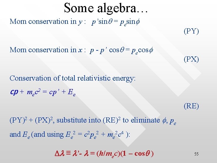 Some algebra… Mom conservation in y : p’sinq = pesinf Mom conservation in x