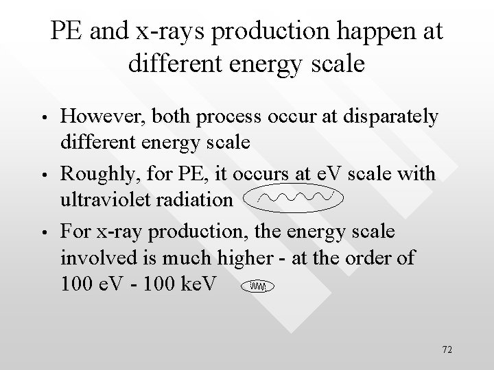 PE and x-rays production happen at different energy scale • • • However, both