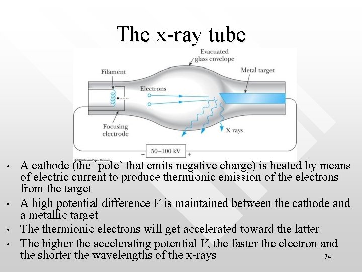 The x-ray tube • • A cathode (the `pole’ that emits negative charge) is