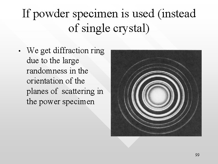 If powder specimen is used (instead of single crystal) • We get diffraction ring