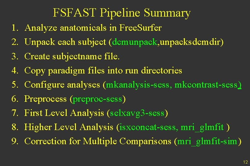 FSFAST Pipeline Summary 1. 2. 3. 4. 5. 6. 7. 8. 9. Analyze anatomicals