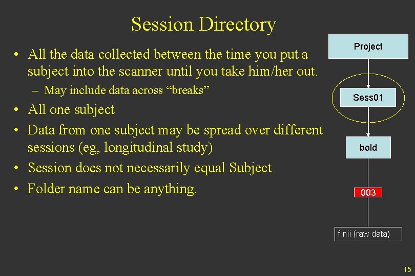 Session Directory • All the data collected between the time you put a subject