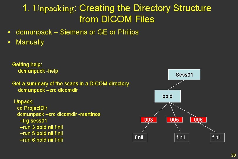 1. Unpacking: Creating the Directory Structure from DICOM Files • dcmunpack – Siemens or