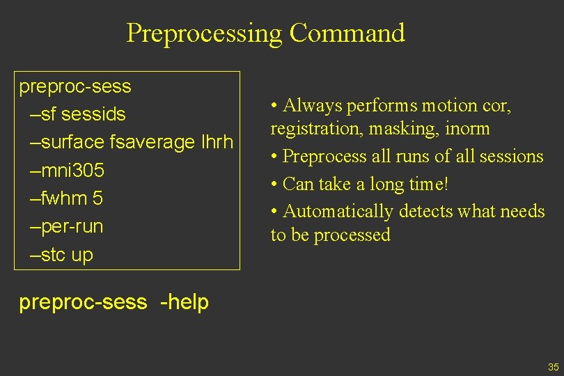 Preprocessing Command preproc-sess –sf sessids –surface fsaverage lhrh –mni 305 –fwhm 5 –per-run –stc