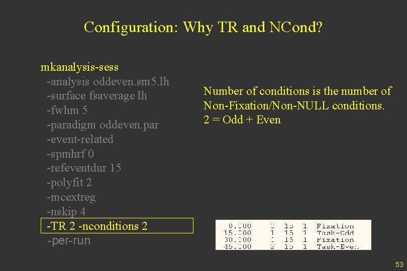 Configuration: Why TR and NCond? mkanalysis-sess -analysis oddeven. sm 5. lh -surface fsaverage lh