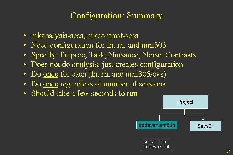 Configuration: Summary • • mkanalysis-sess, mkcontrast-sess Need configuration for lh, rh, and mni 305