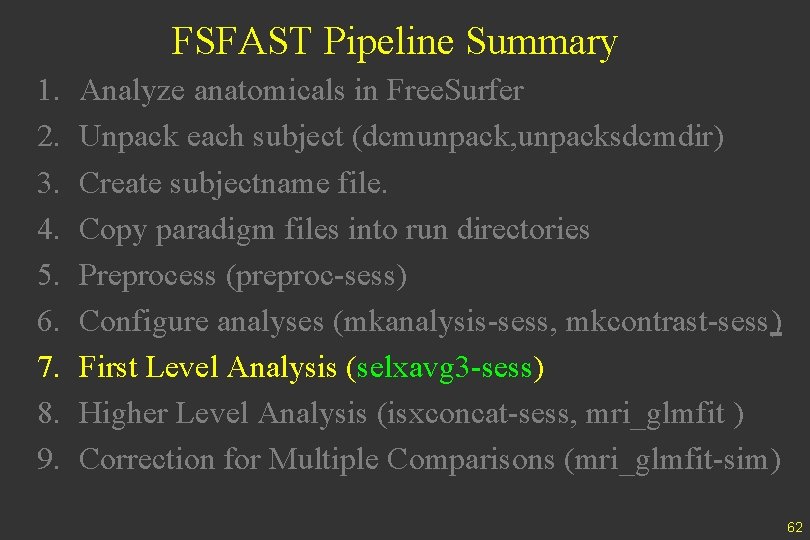 FSFAST Pipeline Summary 1. 2. 3. 4. 5. 6. 7. 8. 9. Analyze anatomicals