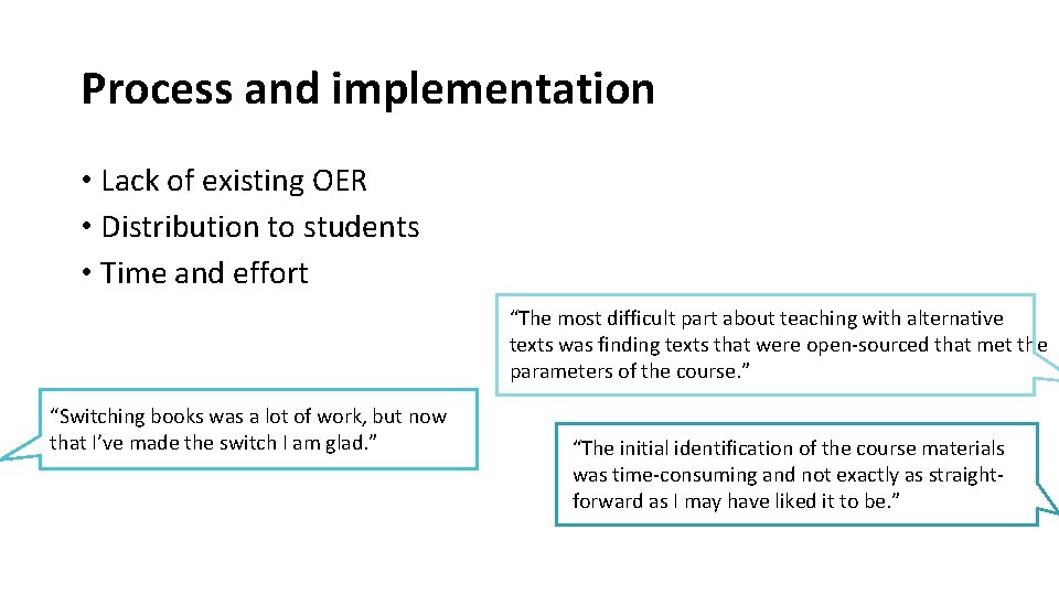 Process and implementation • Lack of existing OER • Distribution to students • Time