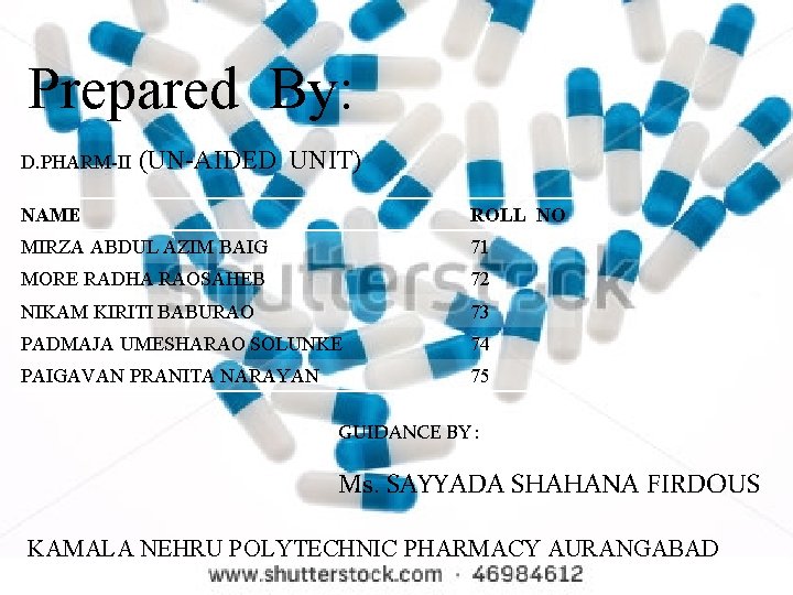 Prepared By: D. PHARM-II (UN-AIDED UNIT) NAME ROLL NO MIRZA ABDUL AZIM BAIG 71