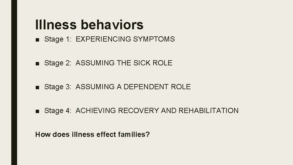 Illness behaviors ■ Stage 1: EXPERIENCING SYMPTOMS ■ Stage 2: ASSUMING THE SICK ROLE