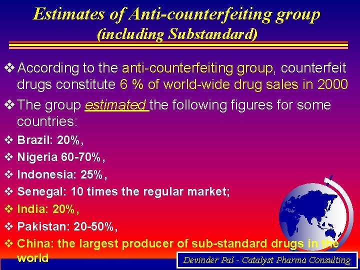 Estimates of Anti-counterfeiting group (including Substandard) v According to the anti-counterfeiting group, counterfeit drugs