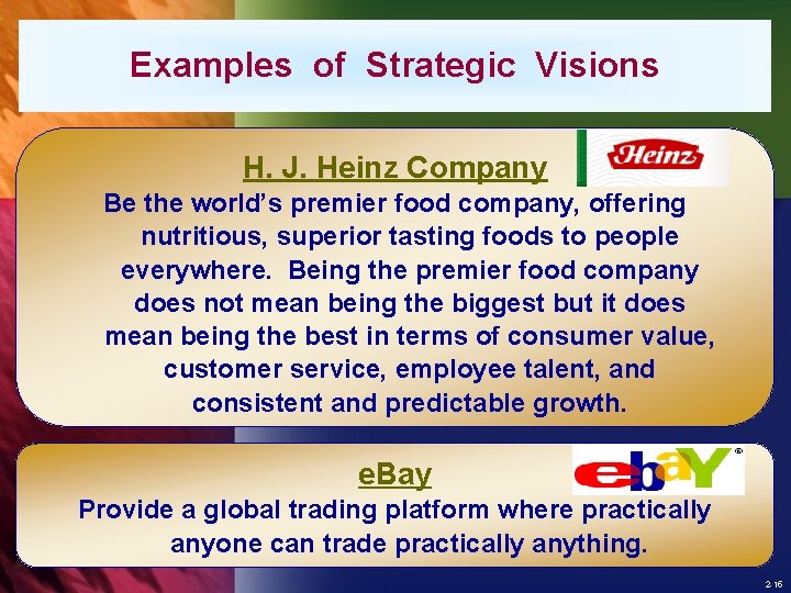 Examples of Strategic Visions H. J. Heinz Company Be the world’s premier food company,