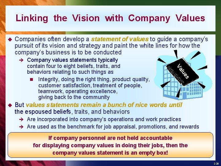 Linking the Vision with Company Values u Companies often develop a statement of values