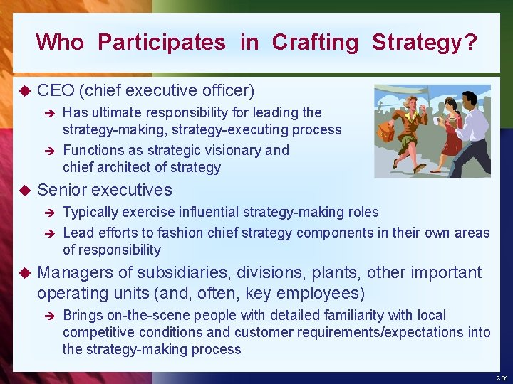 Who Participates in Crafting Strategy? u CEO (chief executive officer) Has ultimate responsibility for