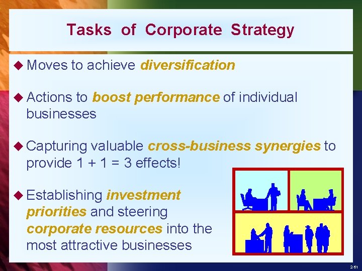 Tasks of Corporate Strategy u Moves to achieve diversification u Actions to boost performance