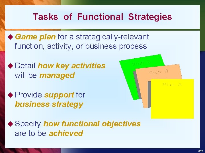 Tasks of Functional Strategies u Game plan for a strategically-relevant function, activity, or business