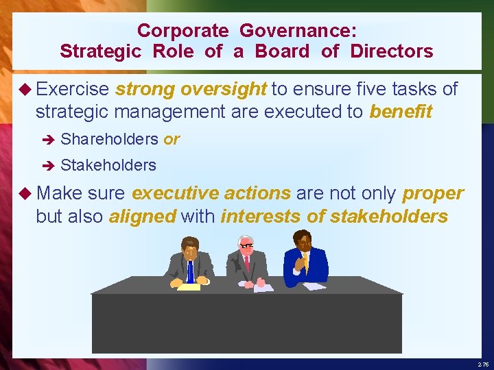 Corporate Governance: Strategic Role of a Board of Directors u Exercise strong oversight to