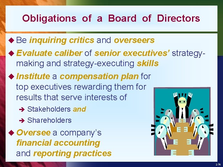 Obligations of a Board of Directors u Be inquiring critics and overseers u Evaluate