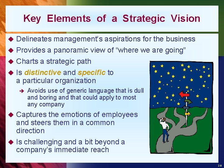 Key Elements of a Strategic Vision u Delineates management’s aspirations for the business Provides