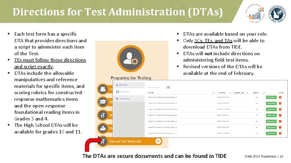Directions for Test Administration (DTAs) § Each test form has a specific DTA that