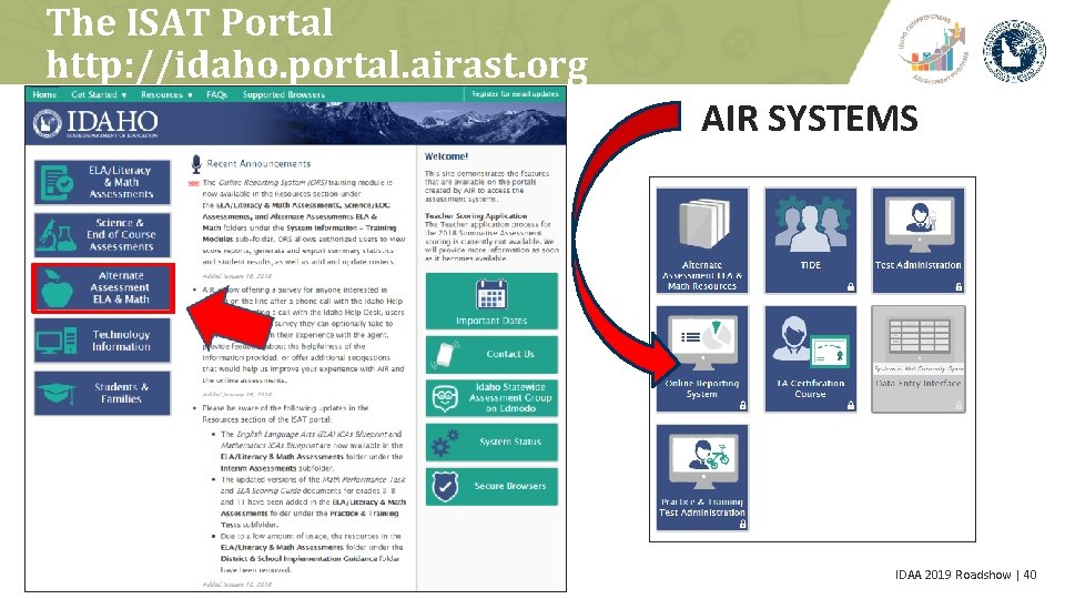 The ISAT Portal http: //idaho. portal. airast. org AIR SYSTEMS IDAA 2019 Roadshow |