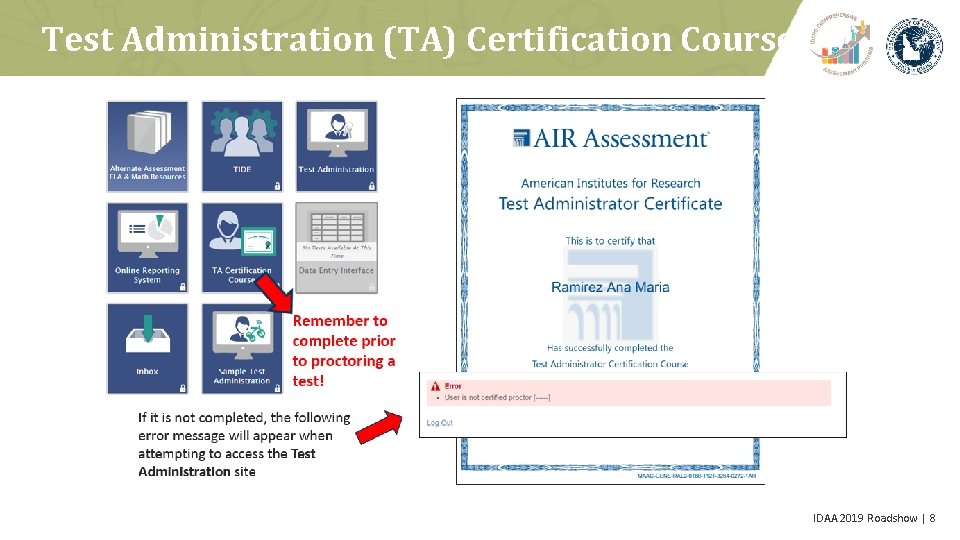 Test Administration (TA) Certification Course IDAA 2019 Roadshow | 8 