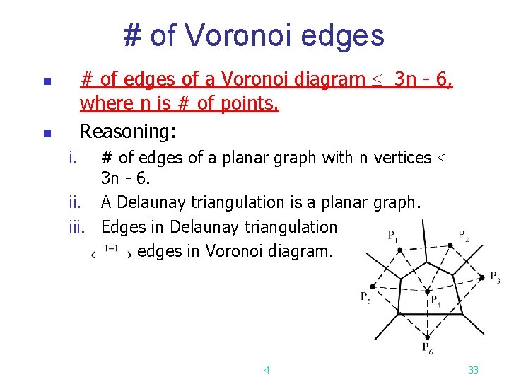 # of Voronoi edges # of edges of a Voronoi diagram 3 n -