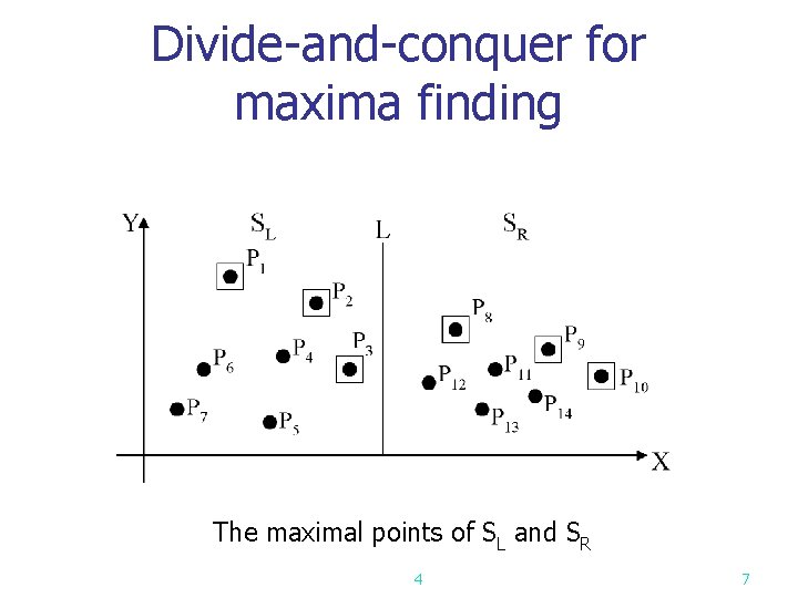 Divide-and-conquer for maxima finding The maximal points of SL and SR 4 7 