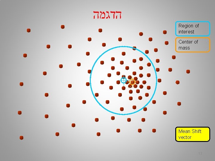  הדגמה Region of interest Center of mass Mean Shift vector 13 