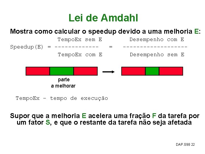 Lei de Amdahl Mostra como calcular o speedup devido a uma melhoria E: Tempo.