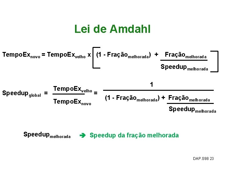 Lei de Amdahl Tempo. Exnovo = Tempo. Exvelho x (1 - Fraçãomelhorada) + Fraçãomelhorada