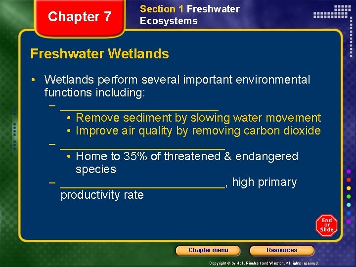 Chapter 7 Section 1 Freshwater Ecosystems Freshwater Wetlands • Wetlands perform several important environmental