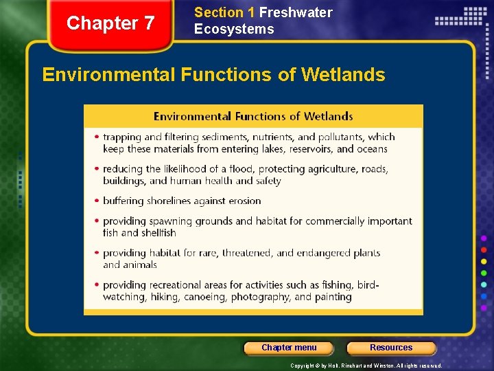 Chapter 7 Section 1 Freshwater Ecosystems Environmental Functions of Wetlands Chapter menu Resources Copyright