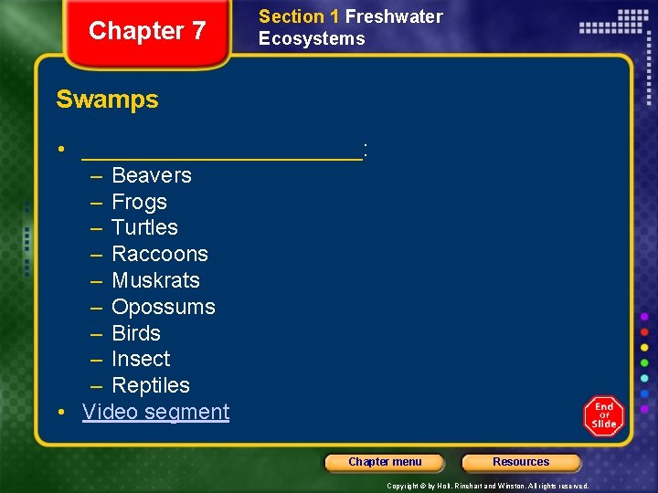 Chapter 7 Section 1 Freshwater Ecosystems Swamps • ____________: – Beavers – Frogs –