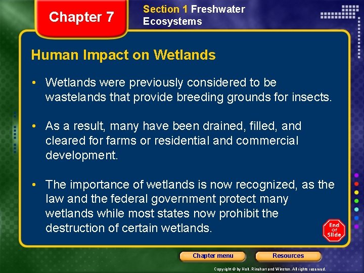 Chapter 7 Section 1 Freshwater Ecosystems Human Impact on Wetlands • Wetlands were previously