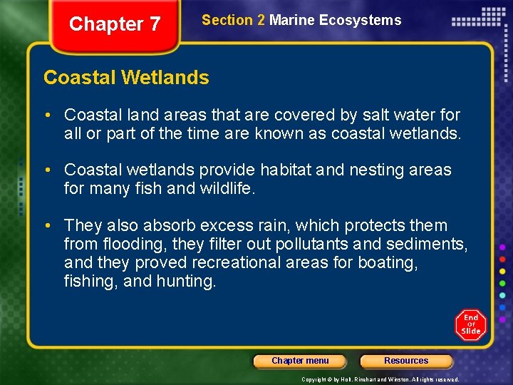 Chapter 7 Section 2 Marine Ecosystems Coastal Wetlands • Coastal land areas that are