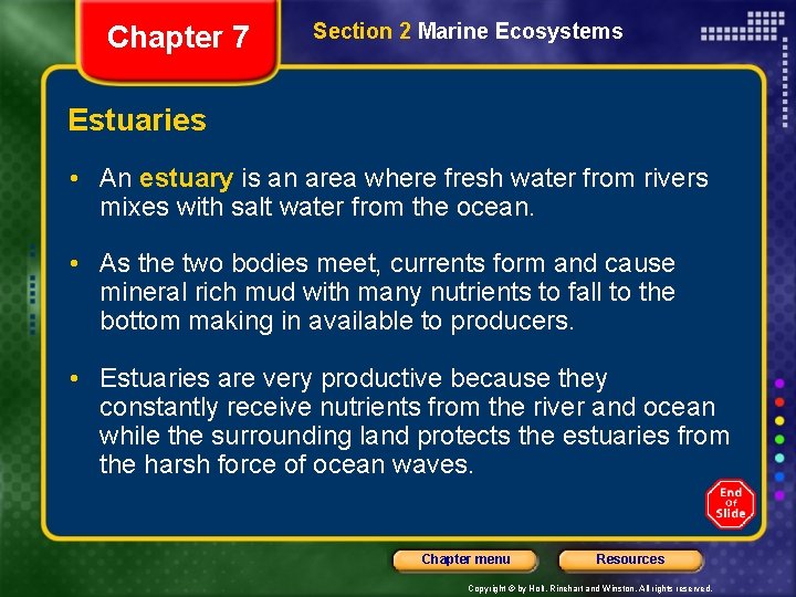 Chapter 7 Section 2 Marine Ecosystems Estuaries • An estuary is an area where