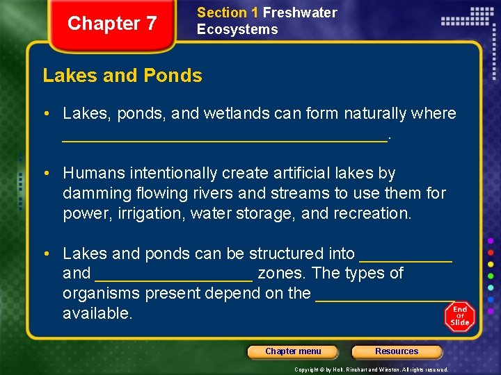 Chapter 7 Section 1 Freshwater Ecosystems Lakes and Ponds • Lakes, ponds, and wetlands