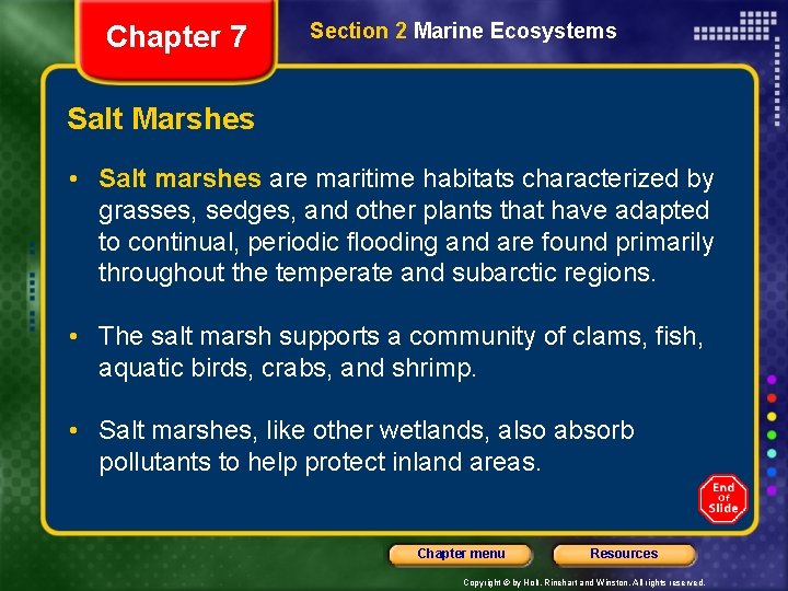 Chapter 7 Section 2 Marine Ecosystems Salt Marshes • Salt marshes are maritime habitats